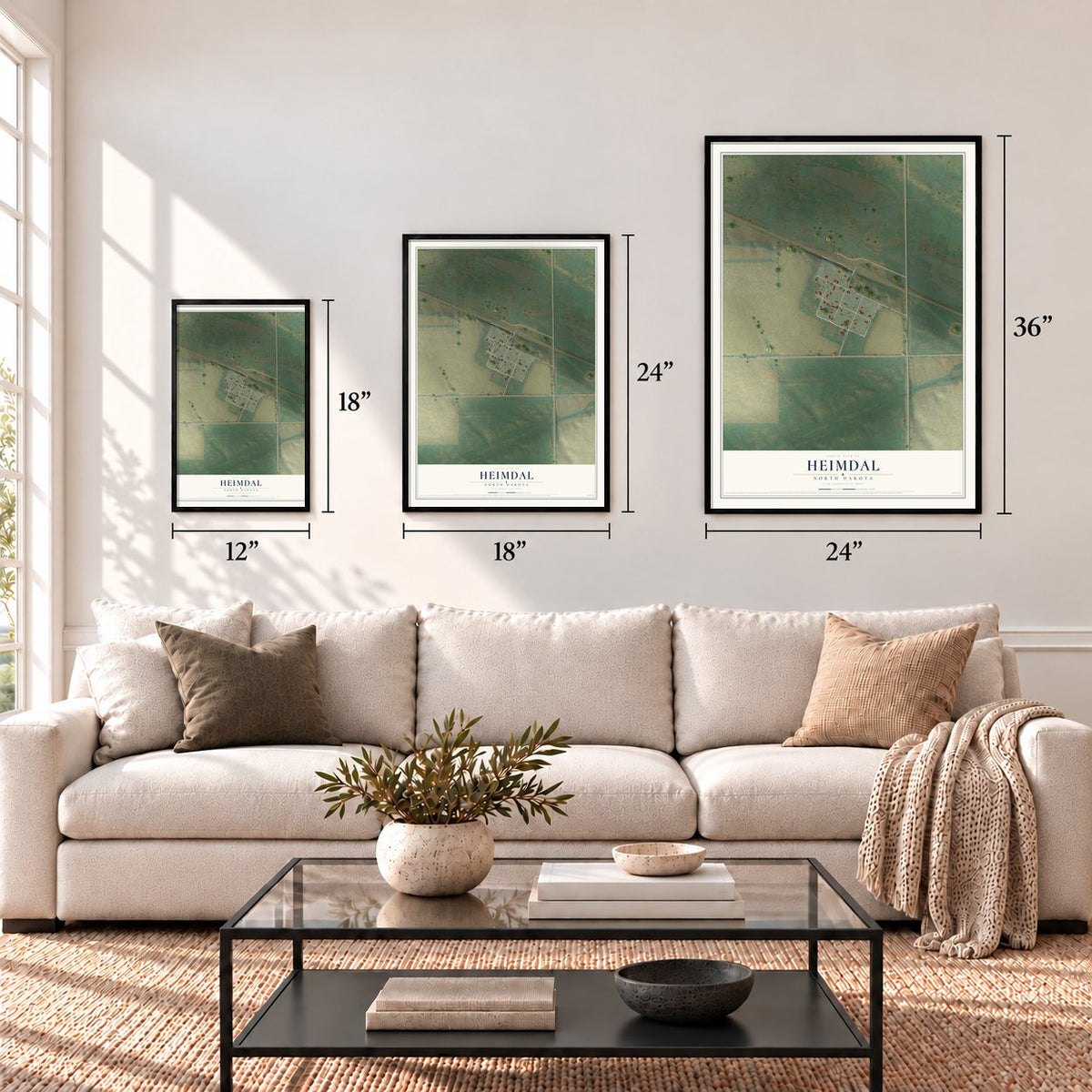 Heimdal, North Dakota map in 12 x 18, 18 x 24 and 24 x 36 inch sizes above a sofa