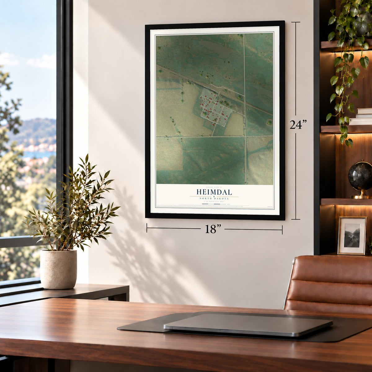 Heimdal, North Dakota map, 18 x 24 inch print in a black frame in a home office