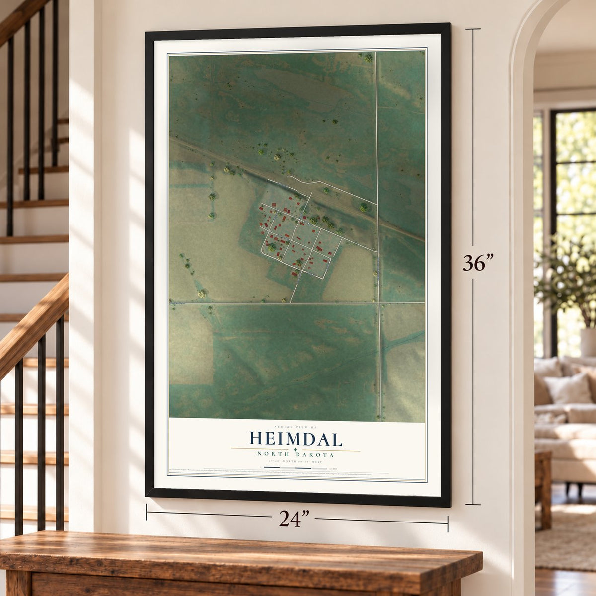 Heimdal, North Dakota map, 24 x 36 inch print in a black frame by a staircase