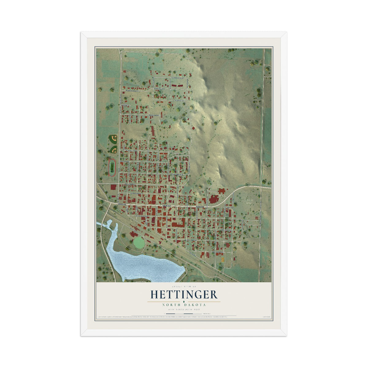 Map of Hettinger, North Dakota, 12 x 18 inch print in a white wood frame