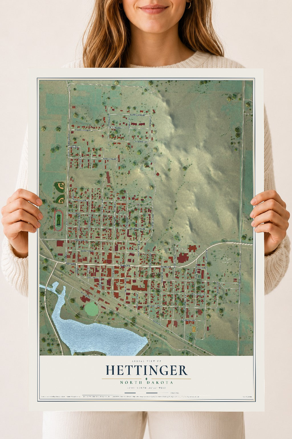 Map of Hettinger, North Dakota, 18 x 24 inch unframed archival matte print
