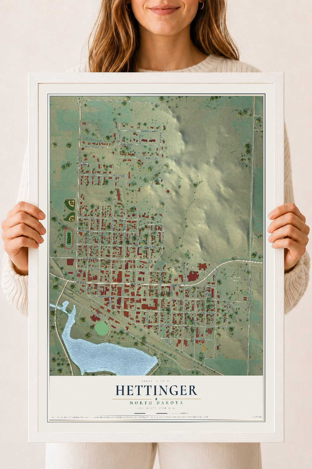 Map of Hettinger, North Dakota, 18 x 24 inch print in a white wood frame