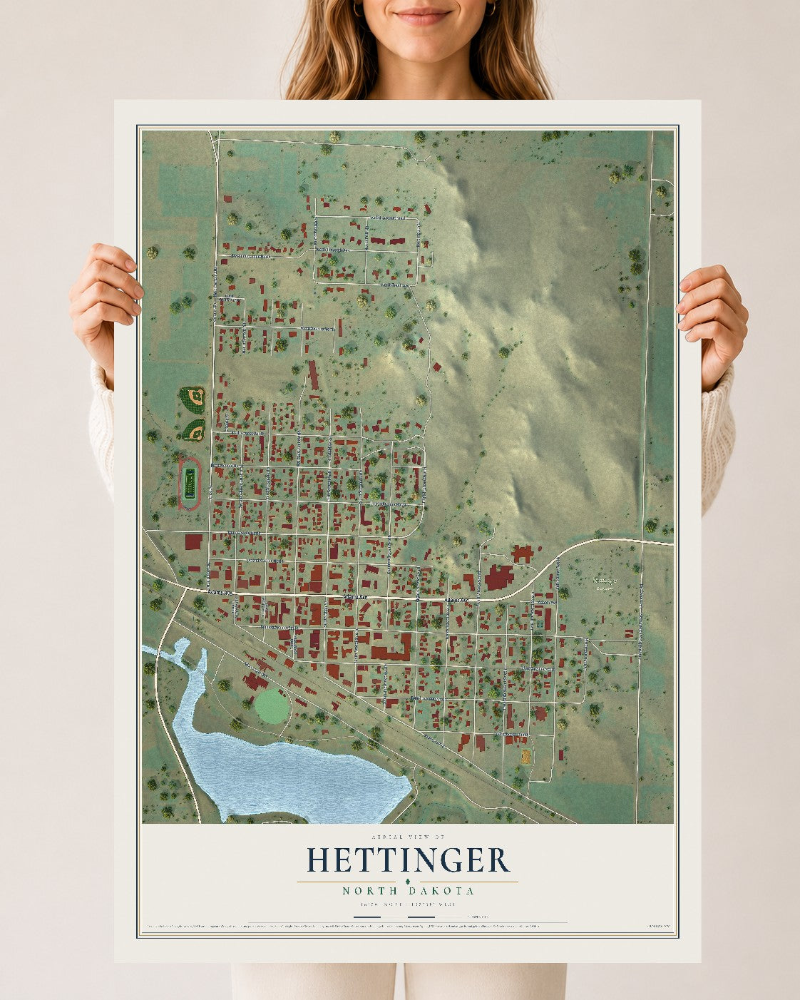 Map of Hettinger, North Dakota, 24 x 36 inch unframed archival matte print