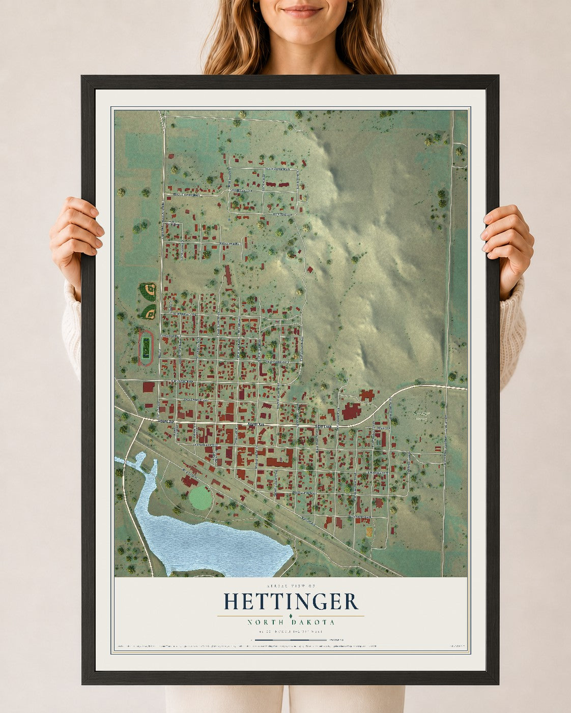 Map of Hettinger, North Dakota, 24 x 36 inch print in a black wood frame