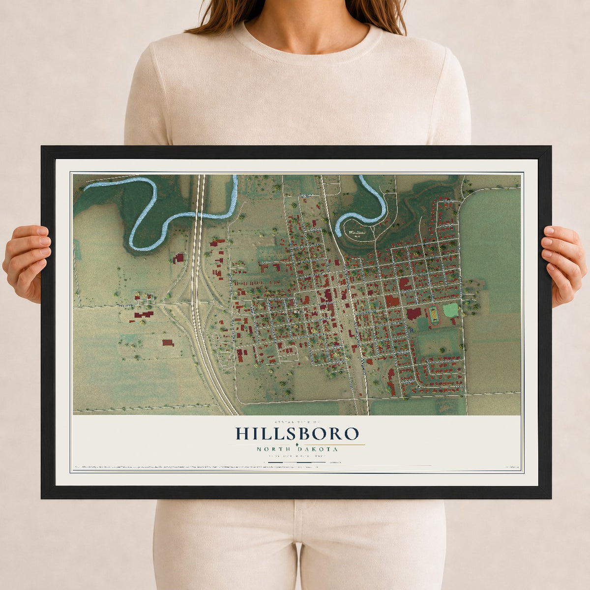 Map of Hillsboro, North Dakota, 12 x 18 inch print in a black wood frame