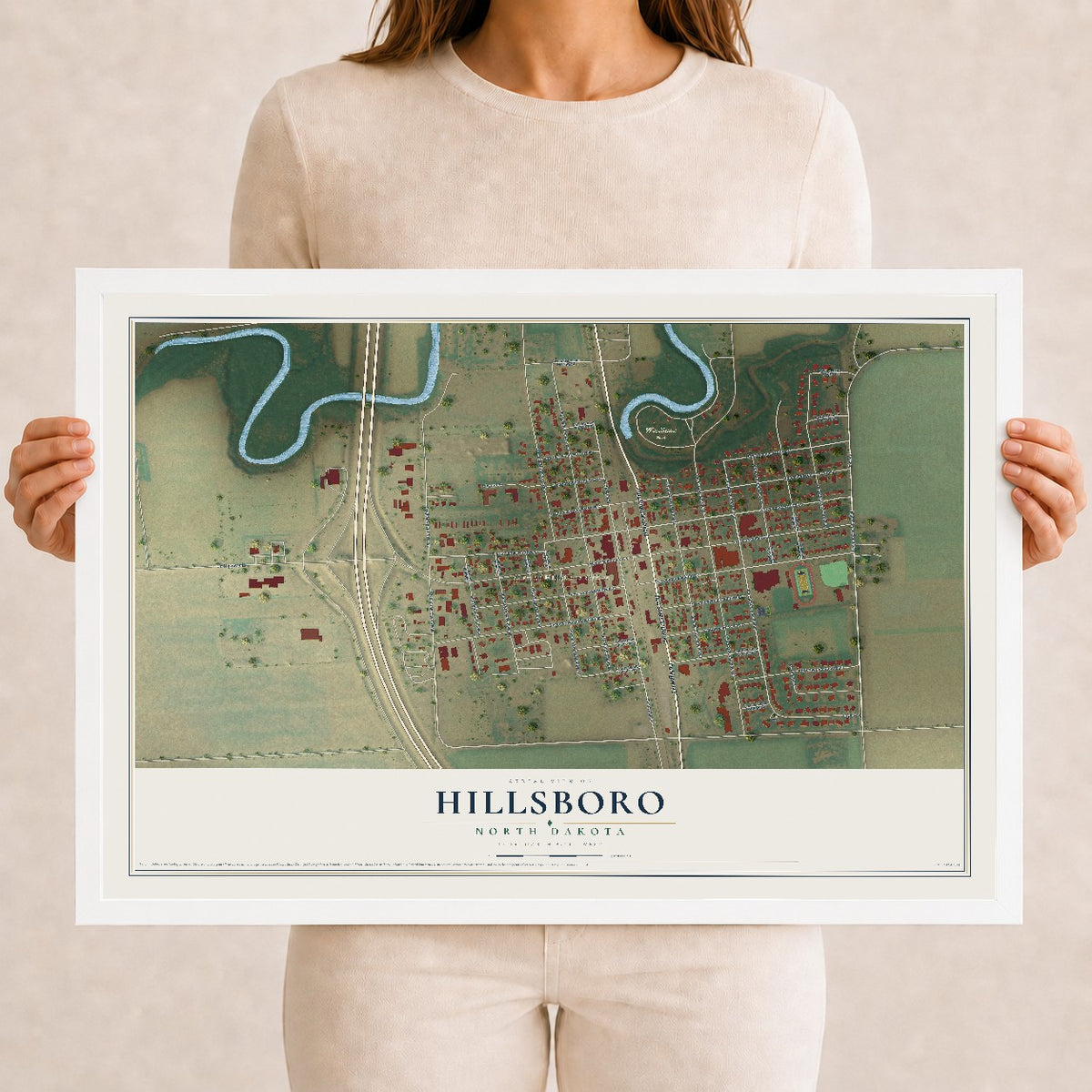 Map of Hillsboro, North Dakota, 12 x 18 inch print in a white wood frame