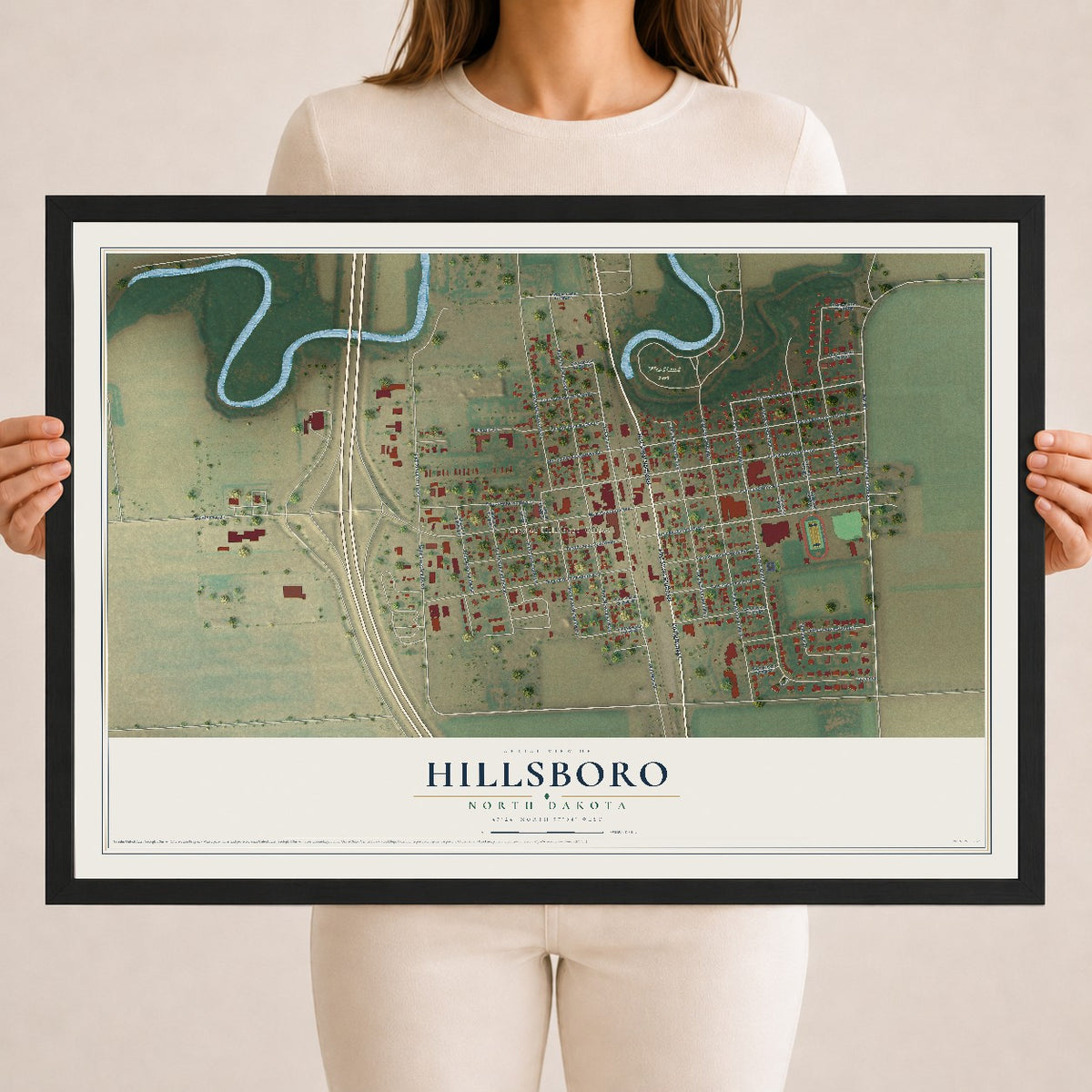 Map of Hillsboro, North Dakota, 18 x 24 inch print in a black wood frame
