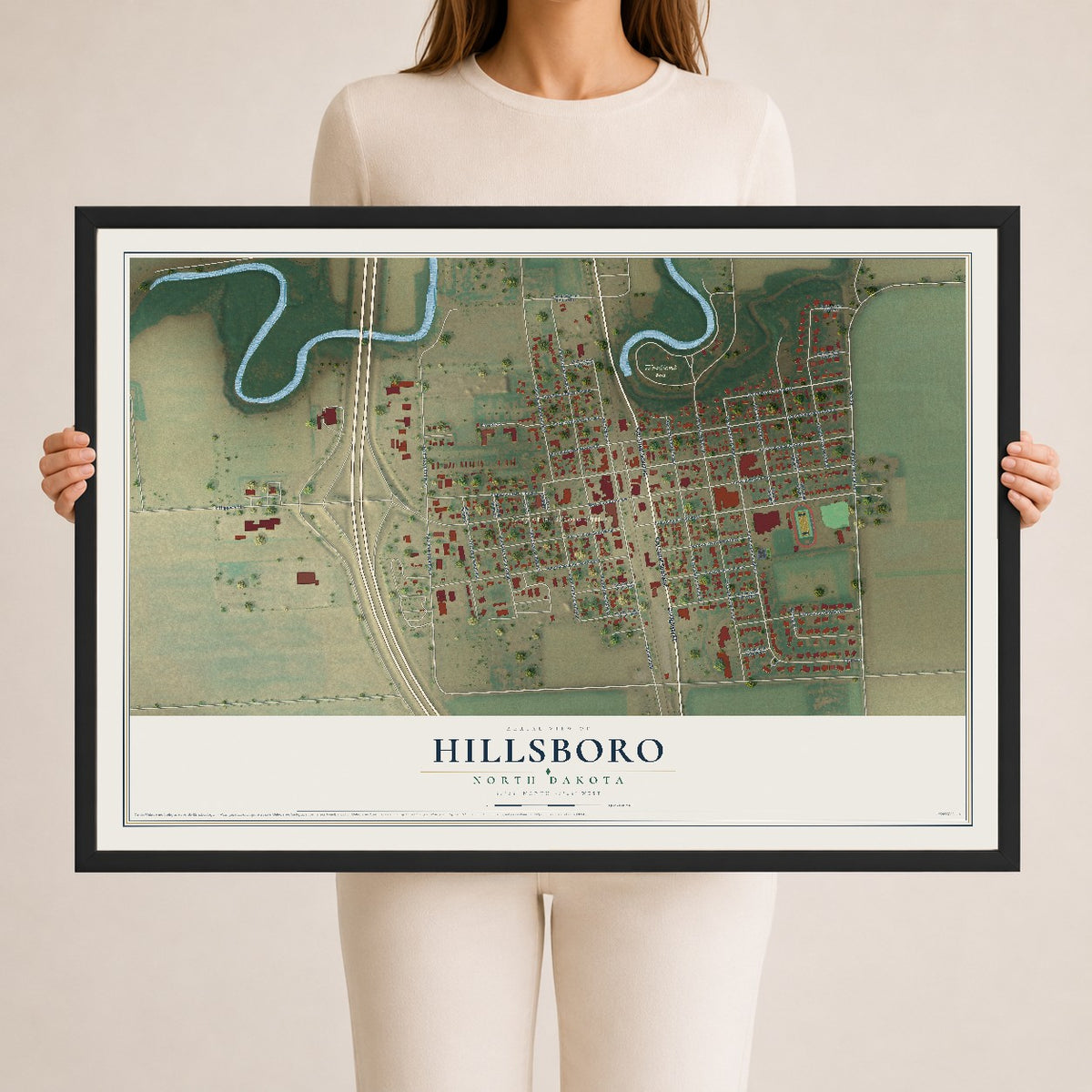 Map of Hillsboro, North Dakota, 24 x 36 inch print in a black wood frame