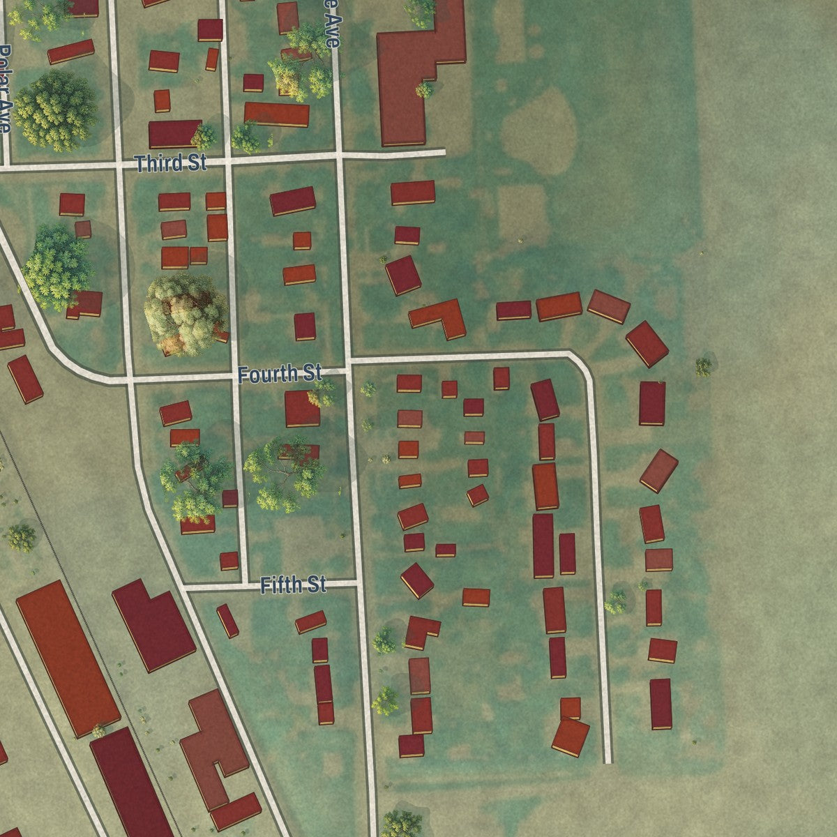 Close-up of the map of Hoople, North Dakota print showing street and building detail