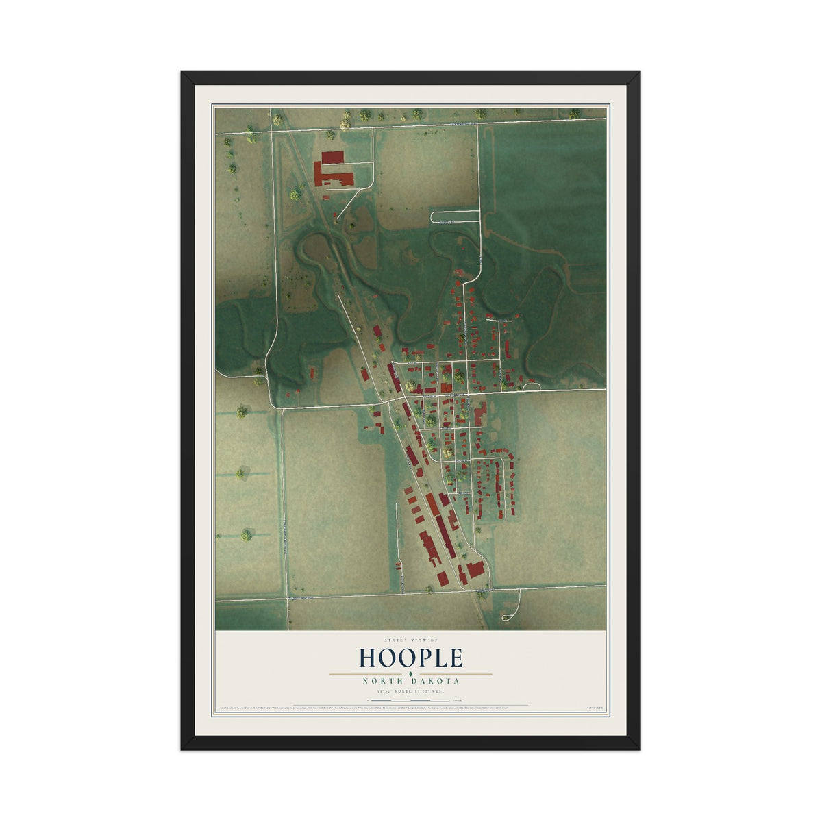 Map of Hoople, North Dakota, 12 x 18 inch print in a black wood frame
