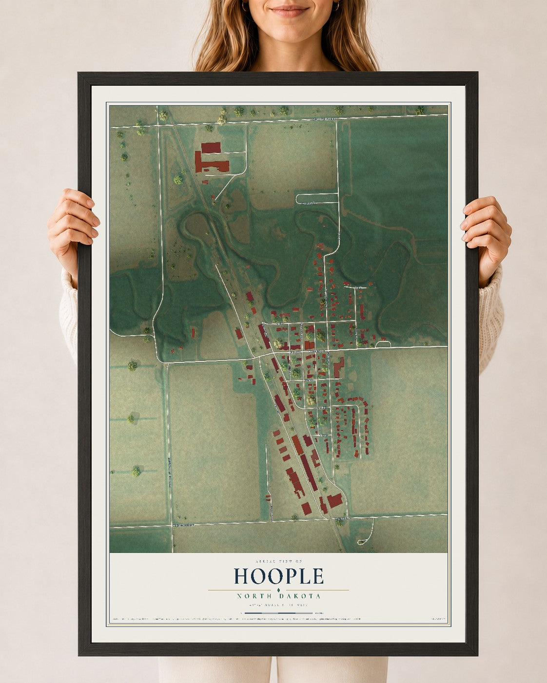 Map of Hoople, North Dakota, 24 x 36 inch print in a black wood frame