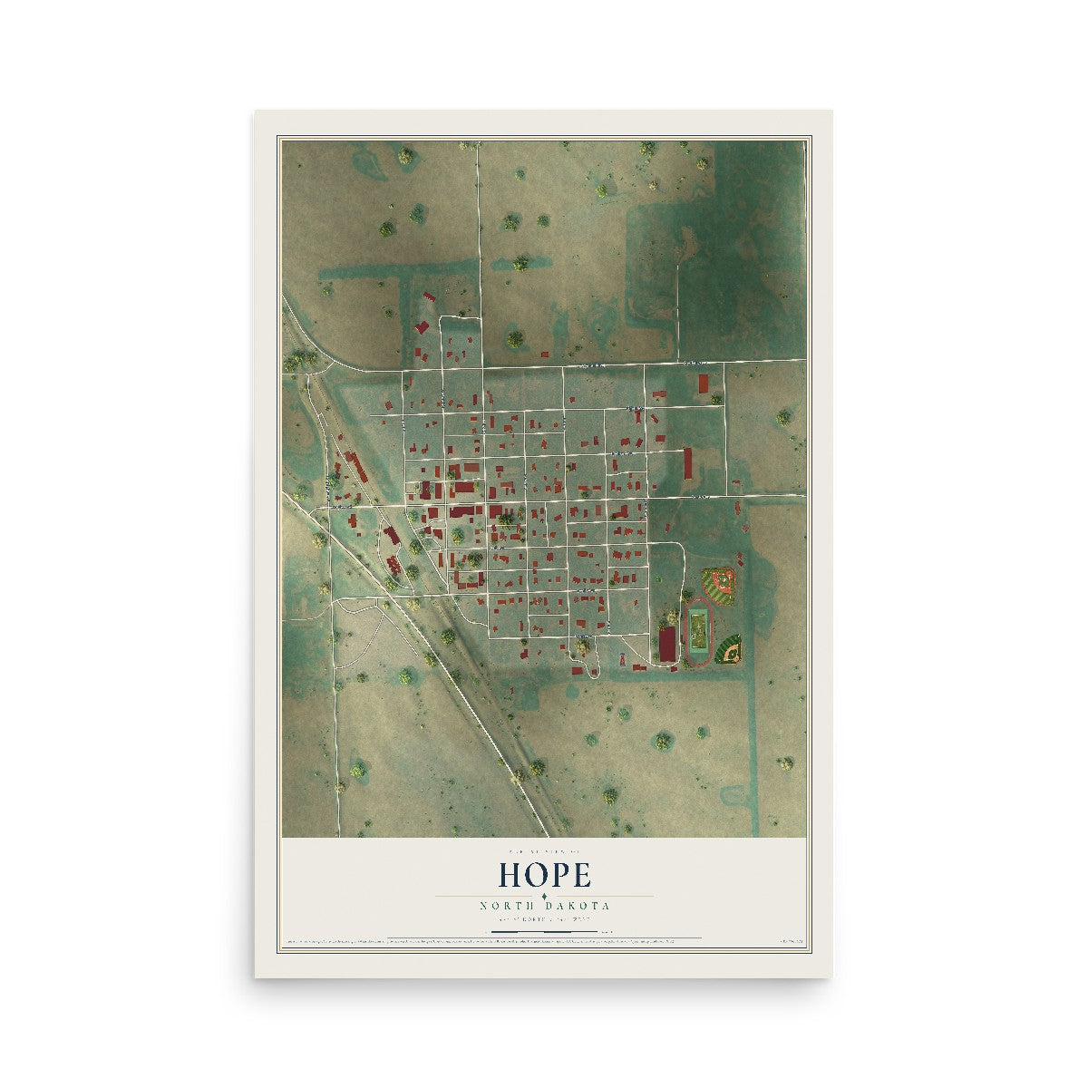Map of Hope, North Dakota, 12 x 18 inch unframed archival matte print