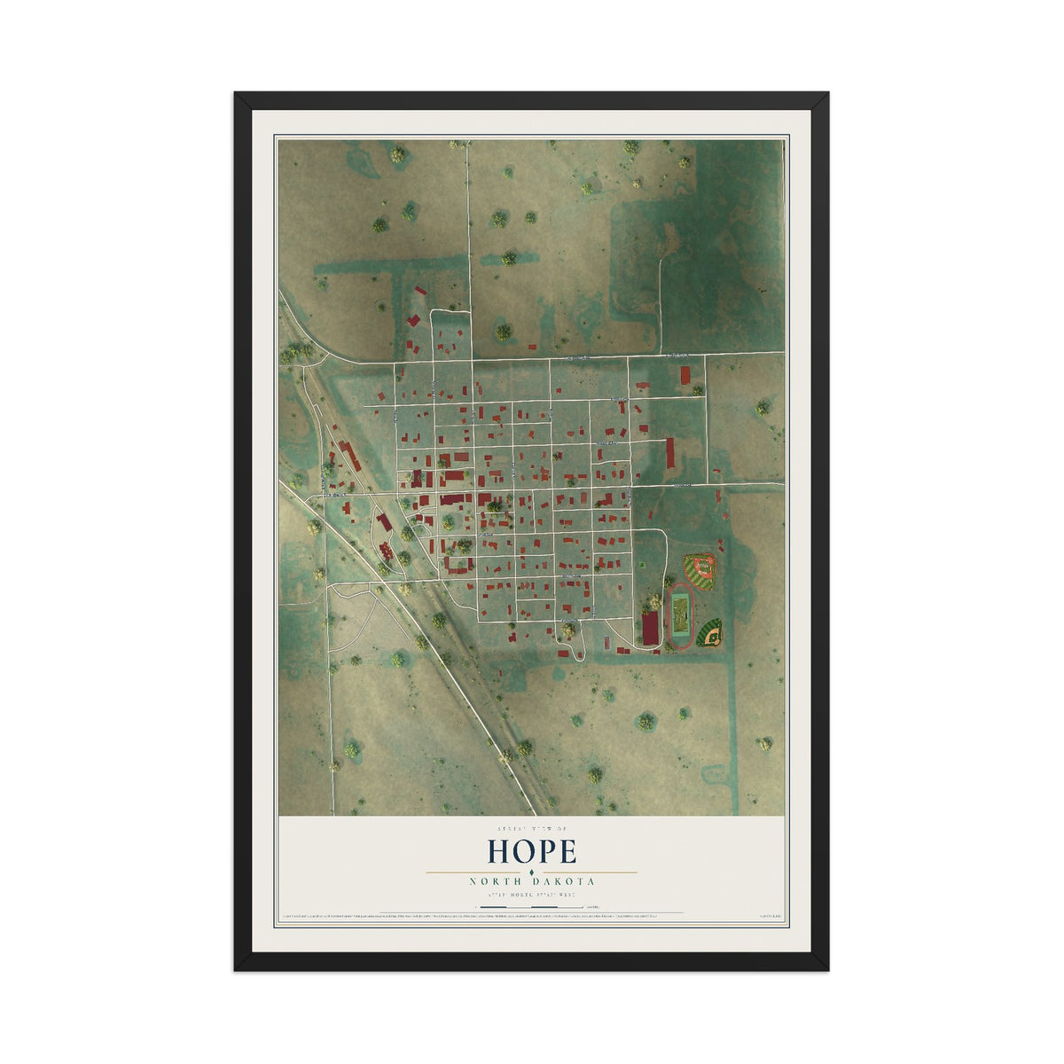 Map of Hope, North Dakota, 12 x 18 inch print in a black wood frame