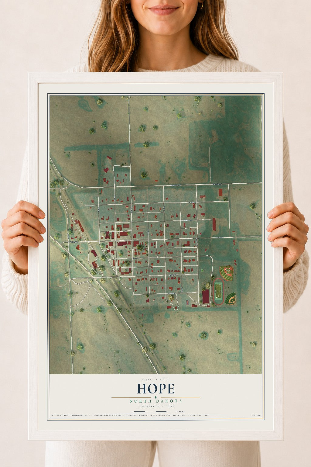 Map of Hope, North Dakota, 18 x 24 inch print in a white wood frame