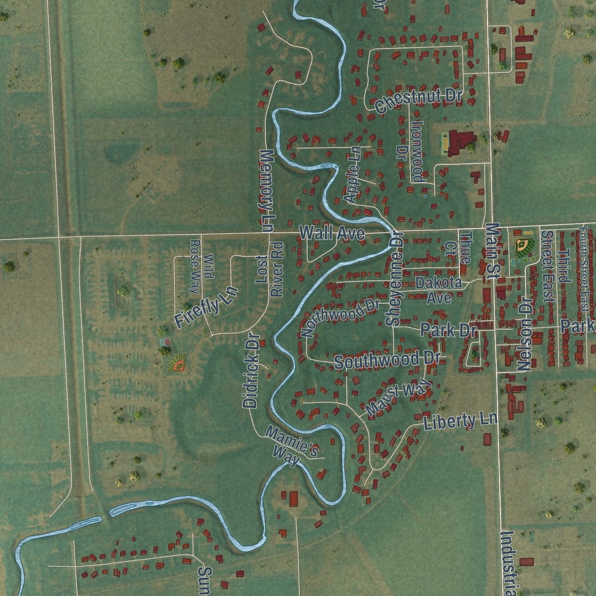 Close-up of the map of Horace, North Dakota print showing street and building detail