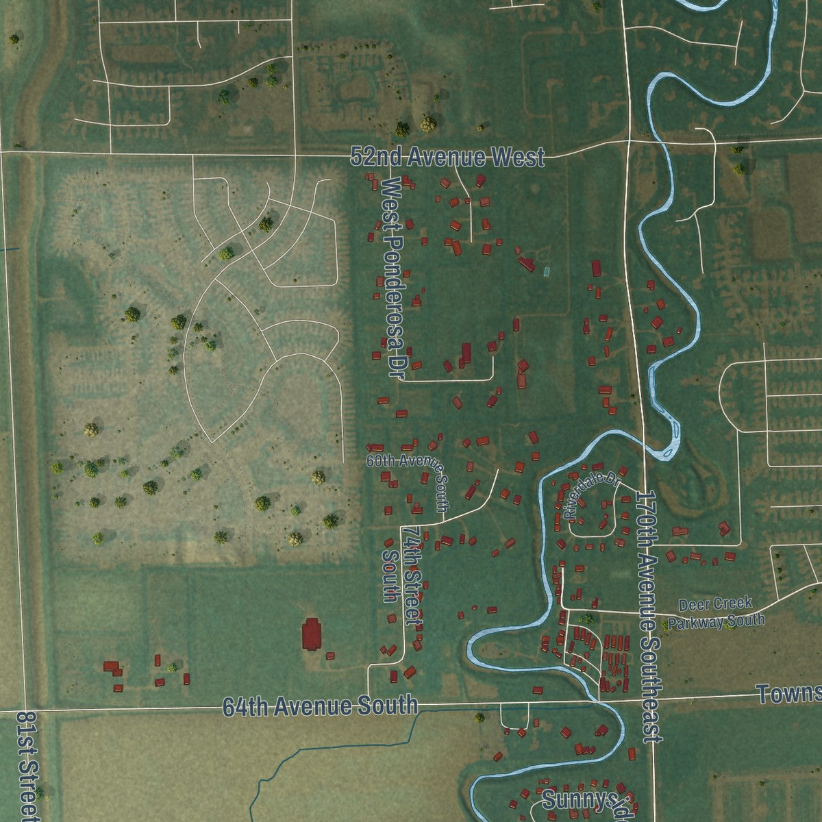Second close-up of the map of Horace, North Dakota print showing more streets and buildings
