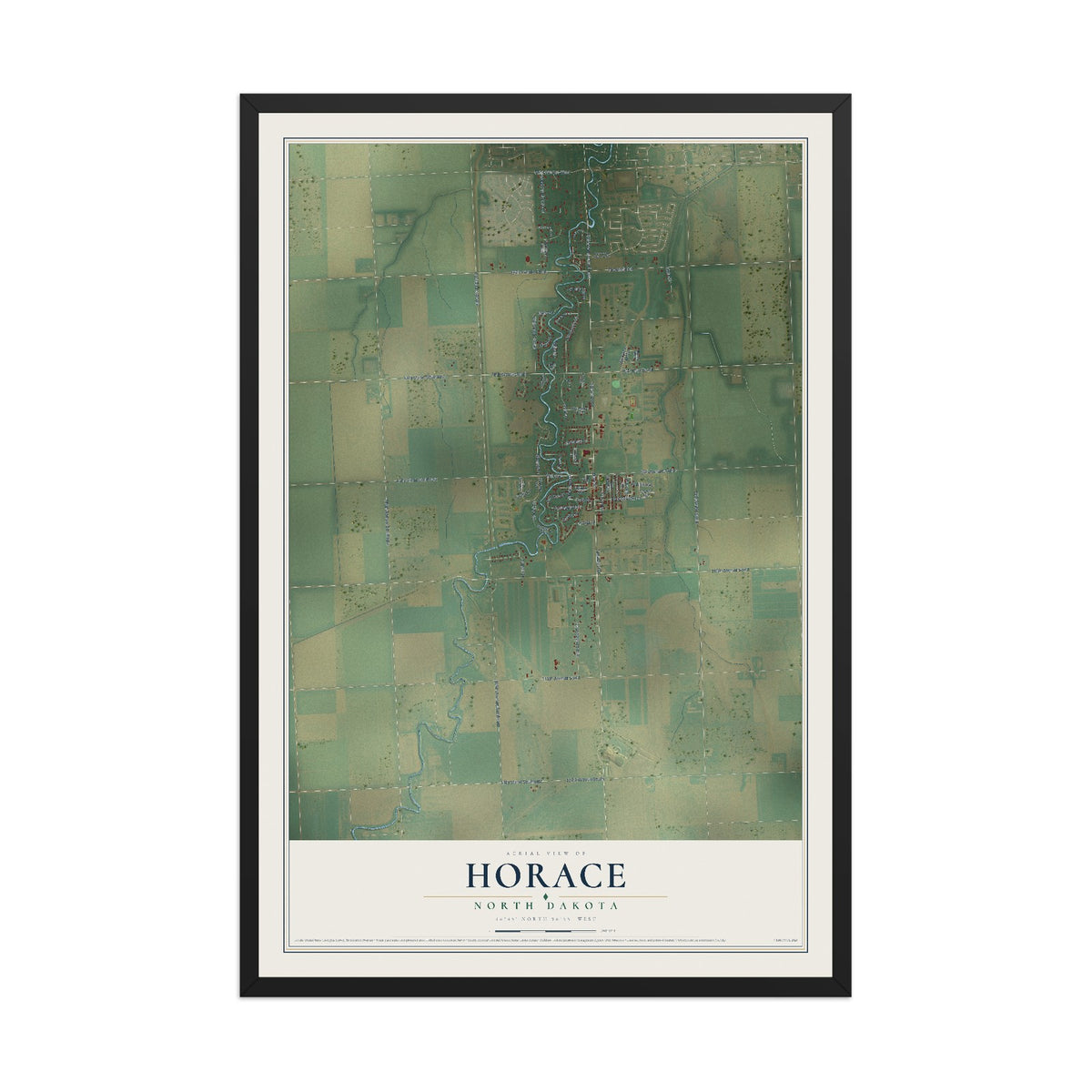 Map of Horace, North Dakota, 12 x 18 inch print in a black wood frame