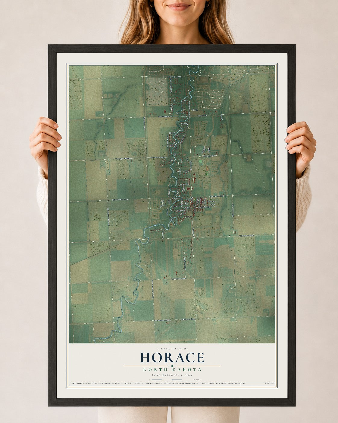 Map of Horace, North Dakota, 24 x 36 inch print in a black wood frame