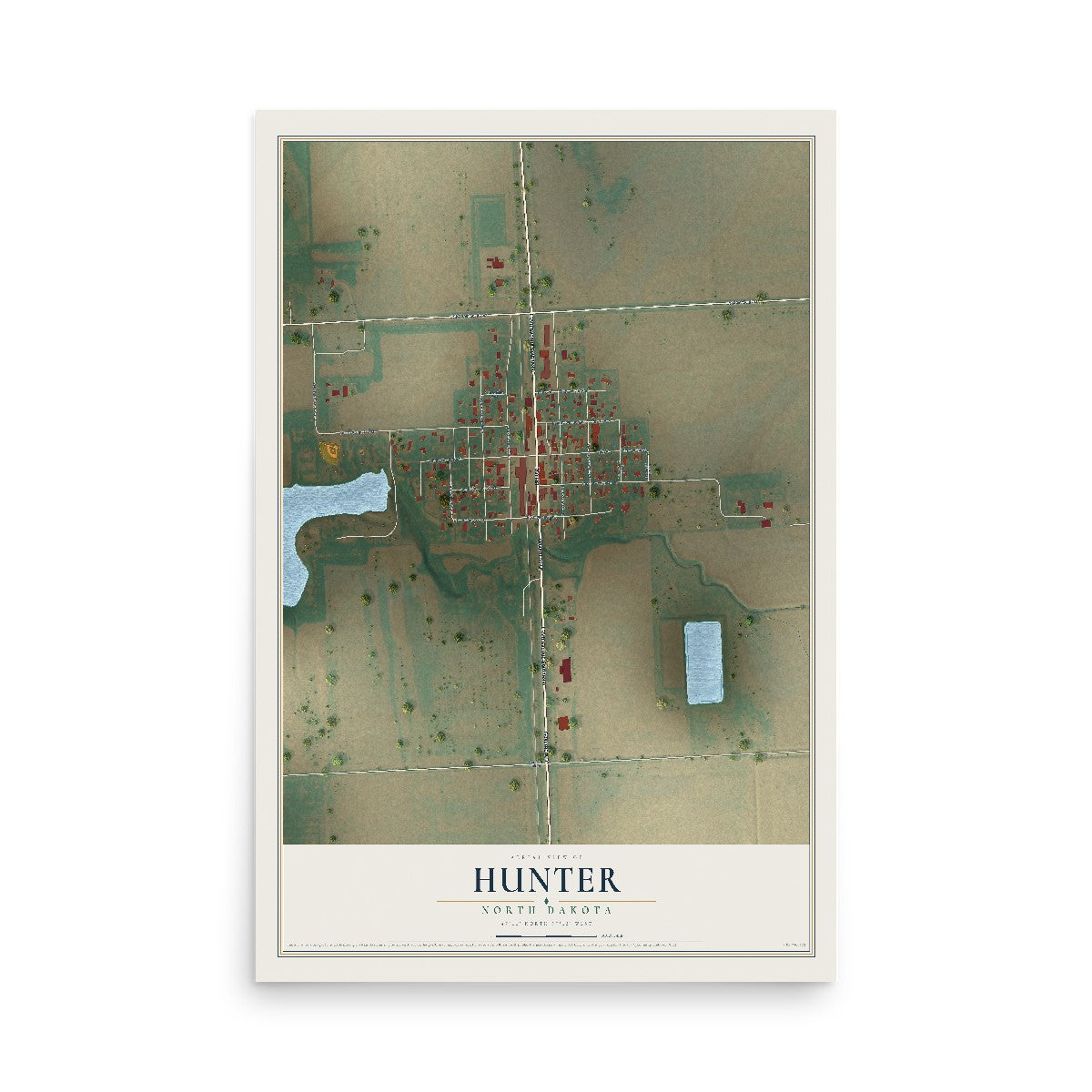 Map of Hunter, North Dakota, 12 x 18 inch unframed archival matte print