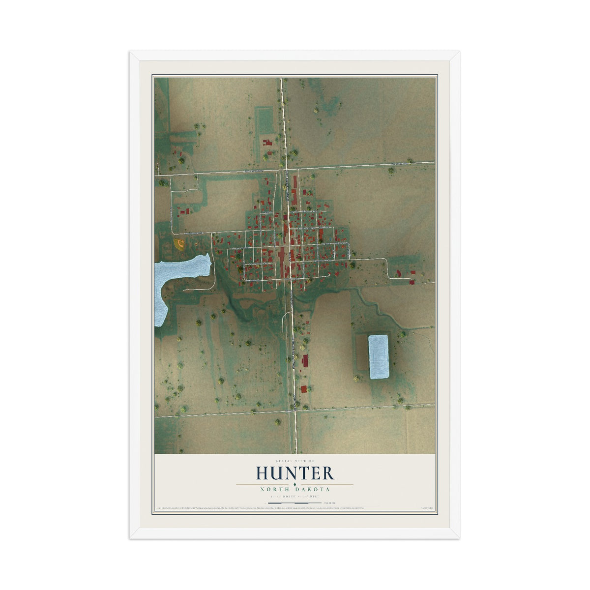 Map of Hunter, North Dakota, 12 x 18 inch print in a white wood frame