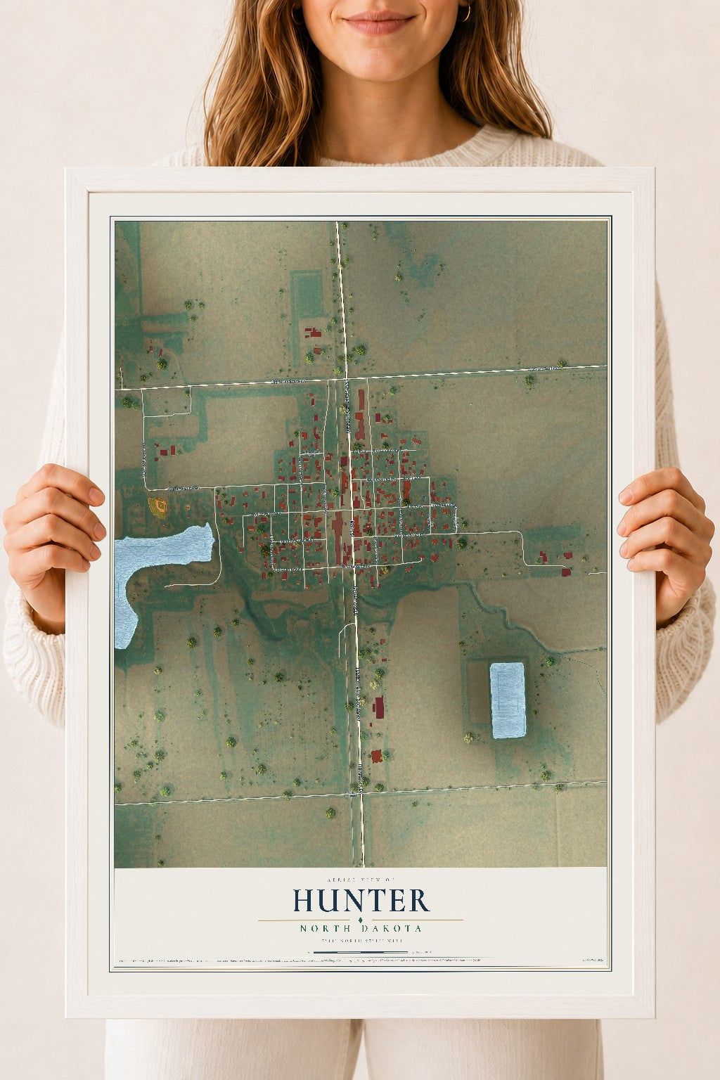 Map of Hunter, North Dakota, 18 x 24 inch print in a white wood frame
