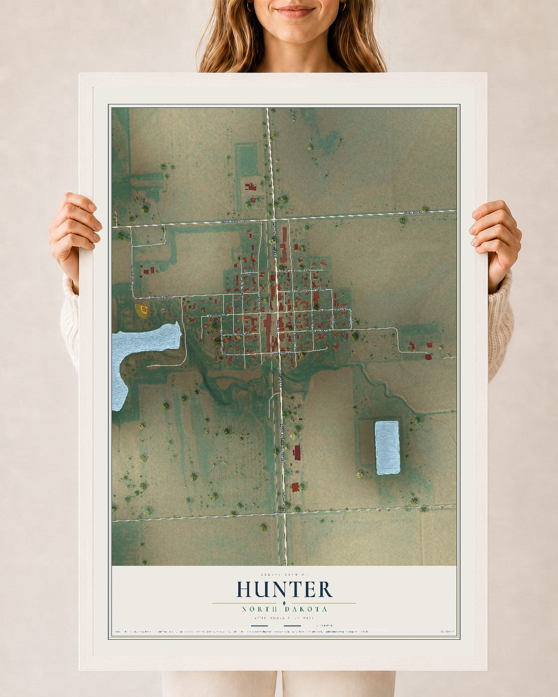 Map of Hunter, North Dakota, 24 x 36 inch print in a white wood frame