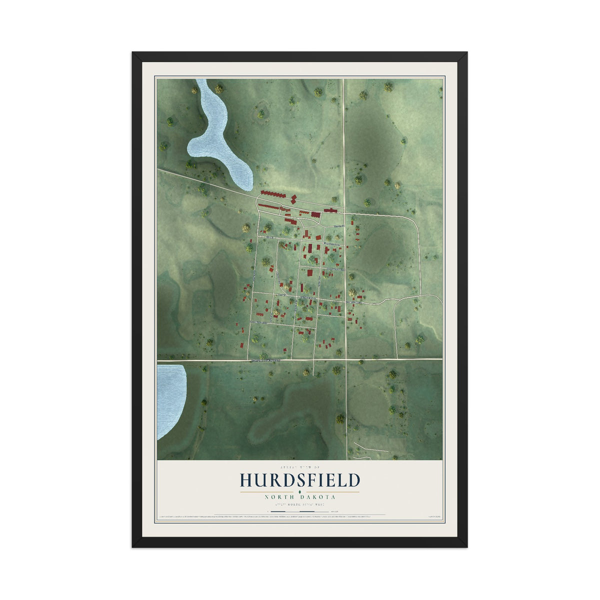 Map of Hurdsfield, North Dakota, 12 x 18 inch print in a black wood frame