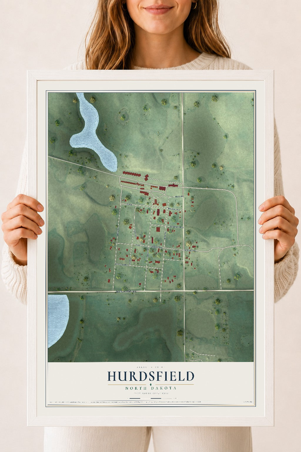 Map of Hurdsfield, North Dakota, 18 x 24 inch print in a white wood frame