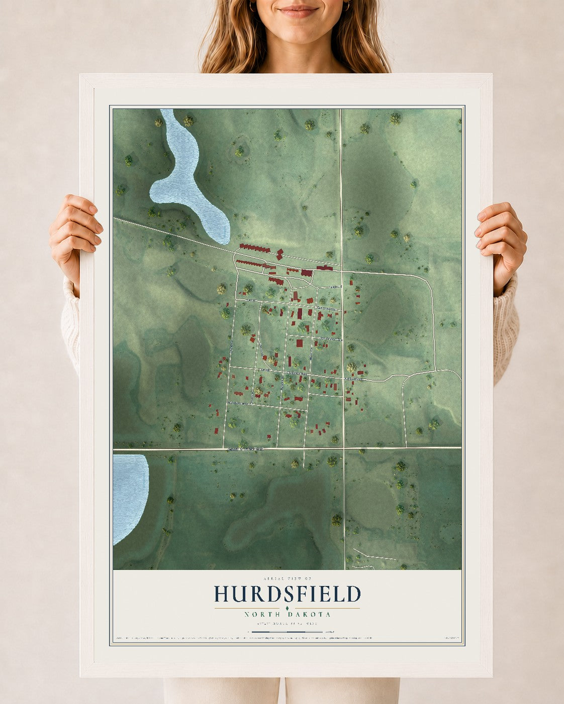 Map of Hurdsfield, North Dakota, 24 x 36 inch print in a white wood frame