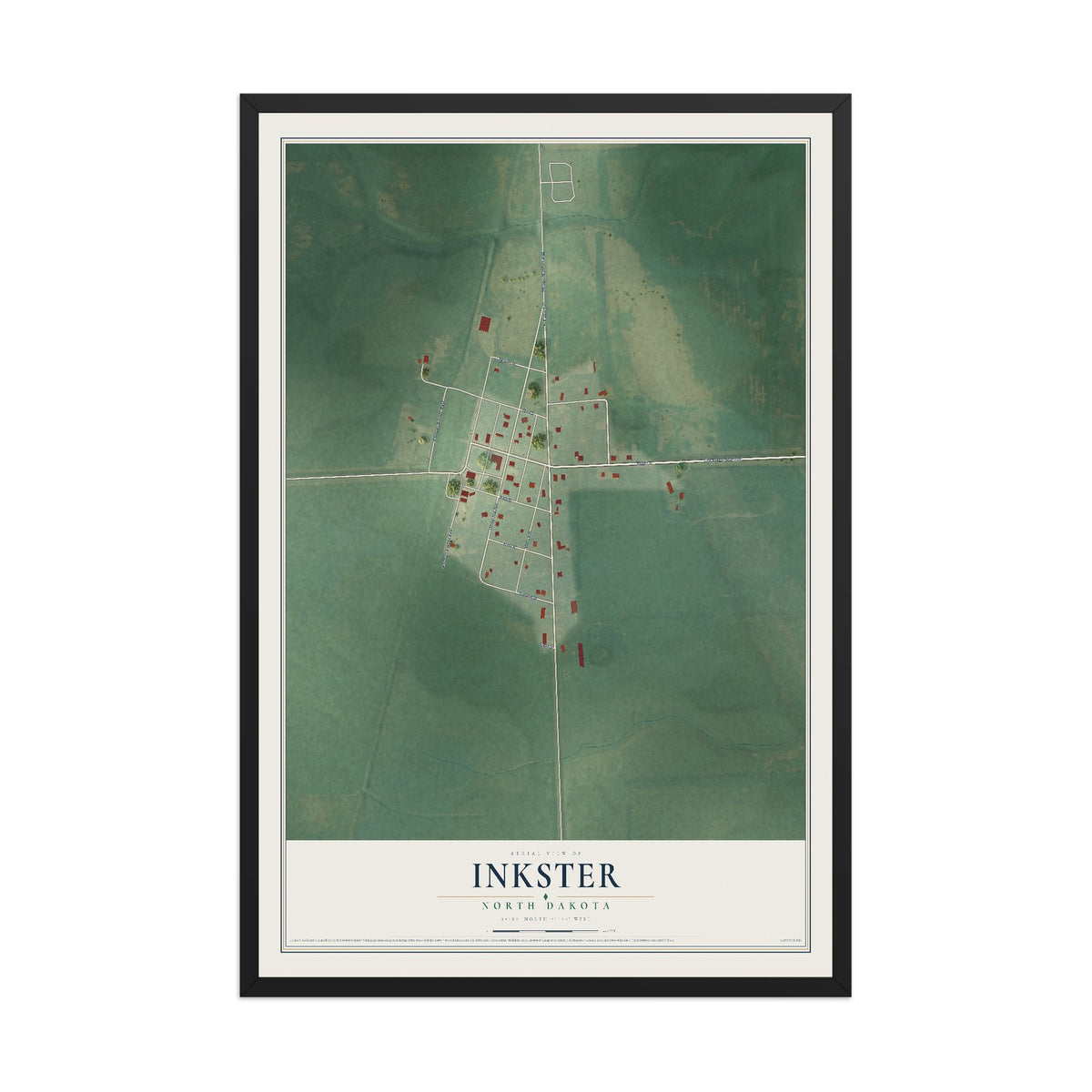 Map of Inkster, North Dakota, 12 x 18 inch print in a black wood frame