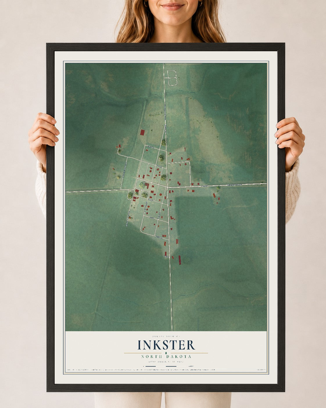 Map of Inkster, North Dakota, 24 x 36 inch print in a black wood frame