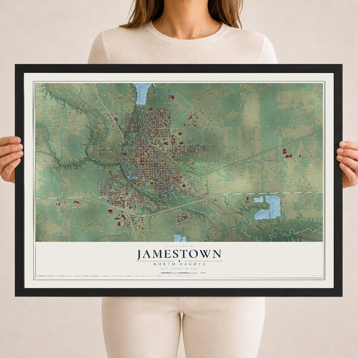 Map of Jamestown, North Dakota, 18 x 24 inch print in a black wood frame