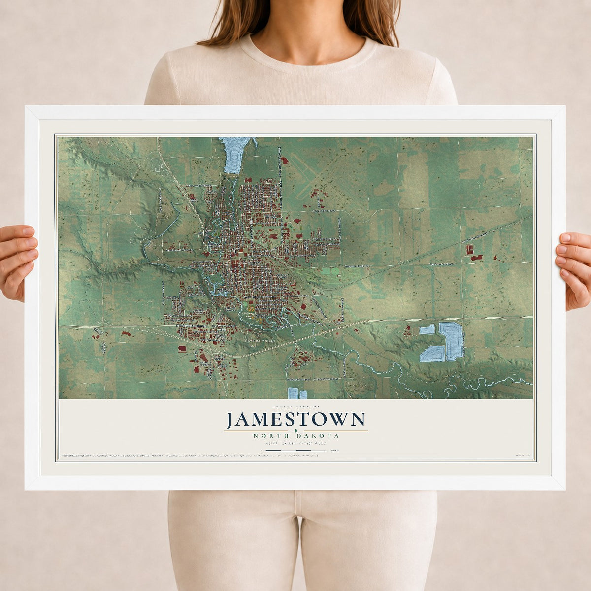 Map of Jamestown, North Dakota, 18 x 24 inch print in a white wood frame