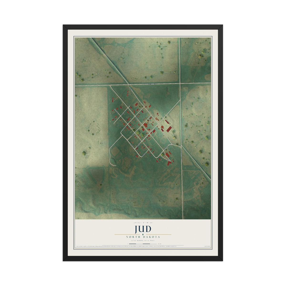 Map of Jud, North Dakota, 12 x 18 inch print in a black wood frame