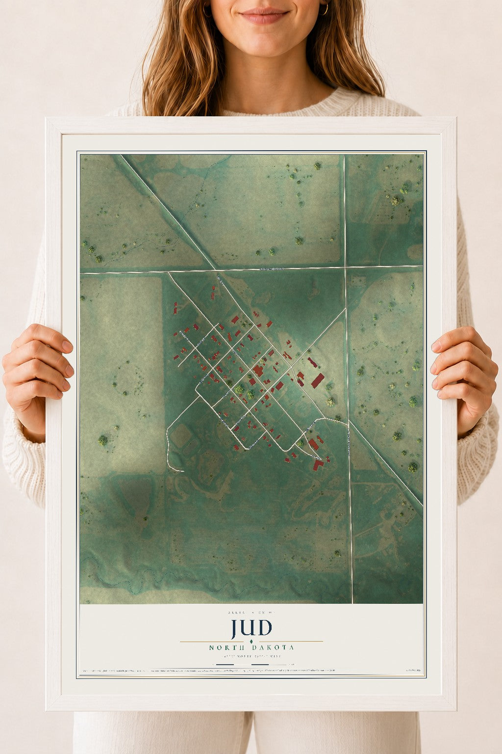 Map of Jud, North Dakota, 18 x 24 inch print in a white wood frame