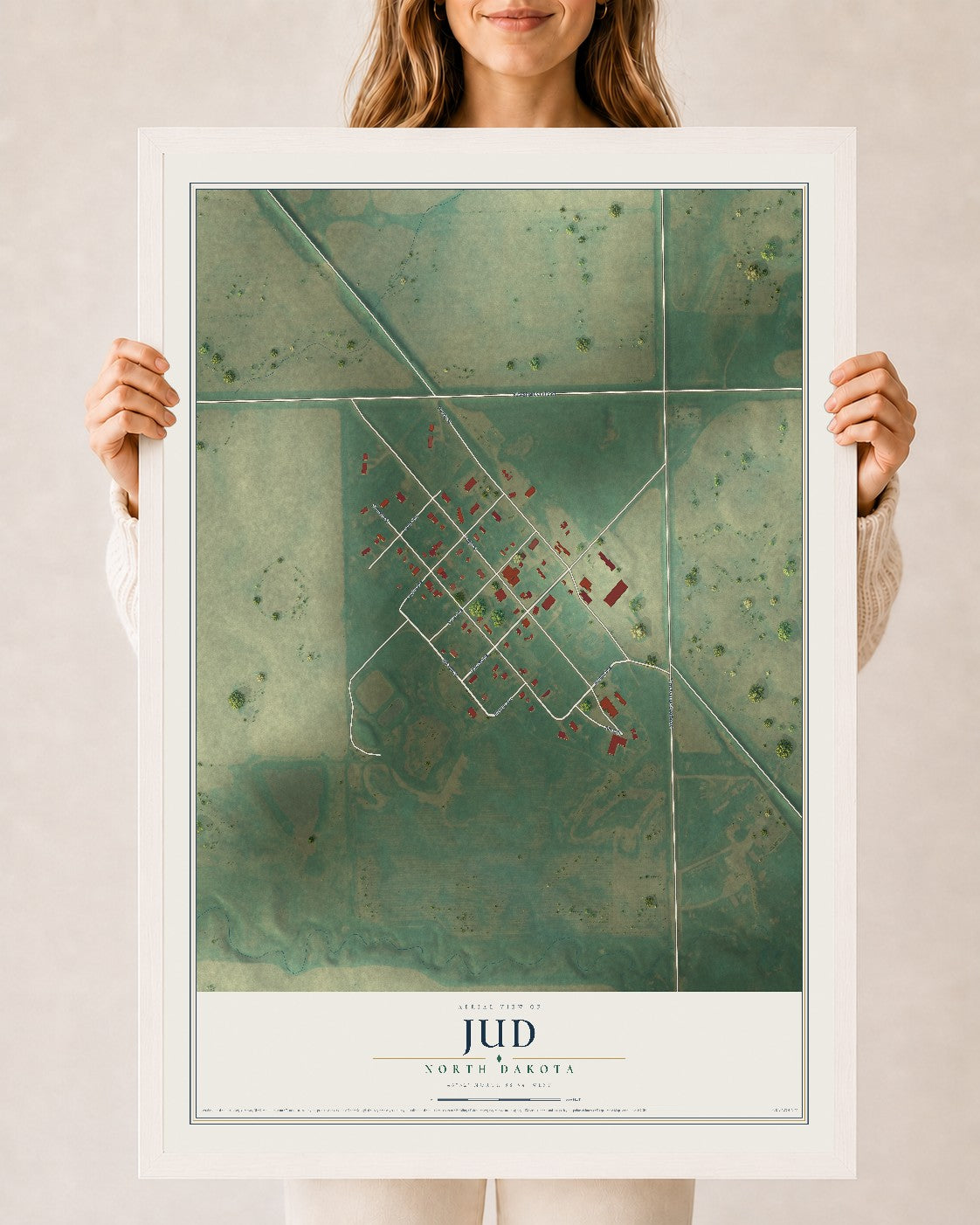 Map of Jud, North Dakota, 24 x 36 inch print in a white wood frame
