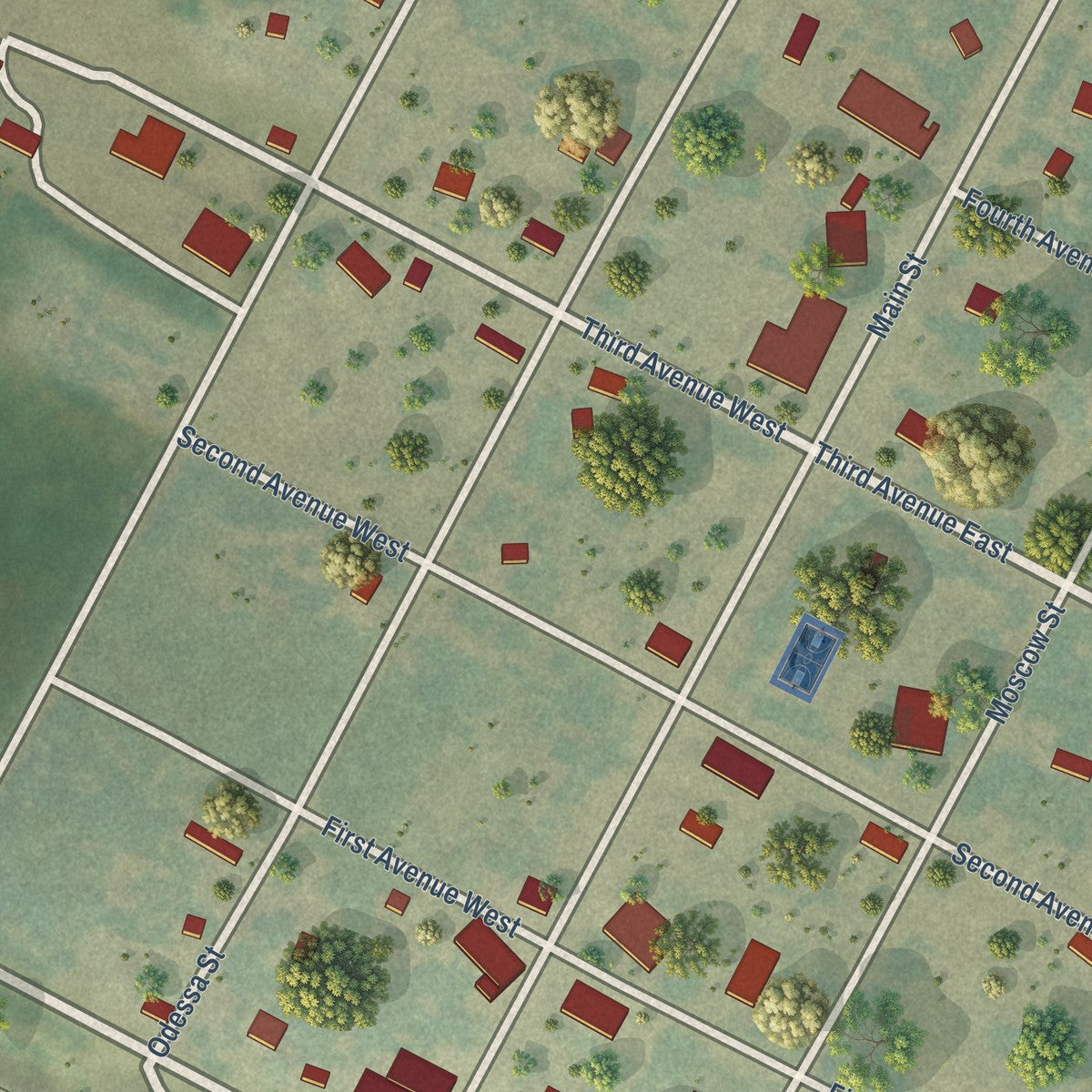 Close-up of the map of Karlsruhe, North Dakota print showing street and building detail