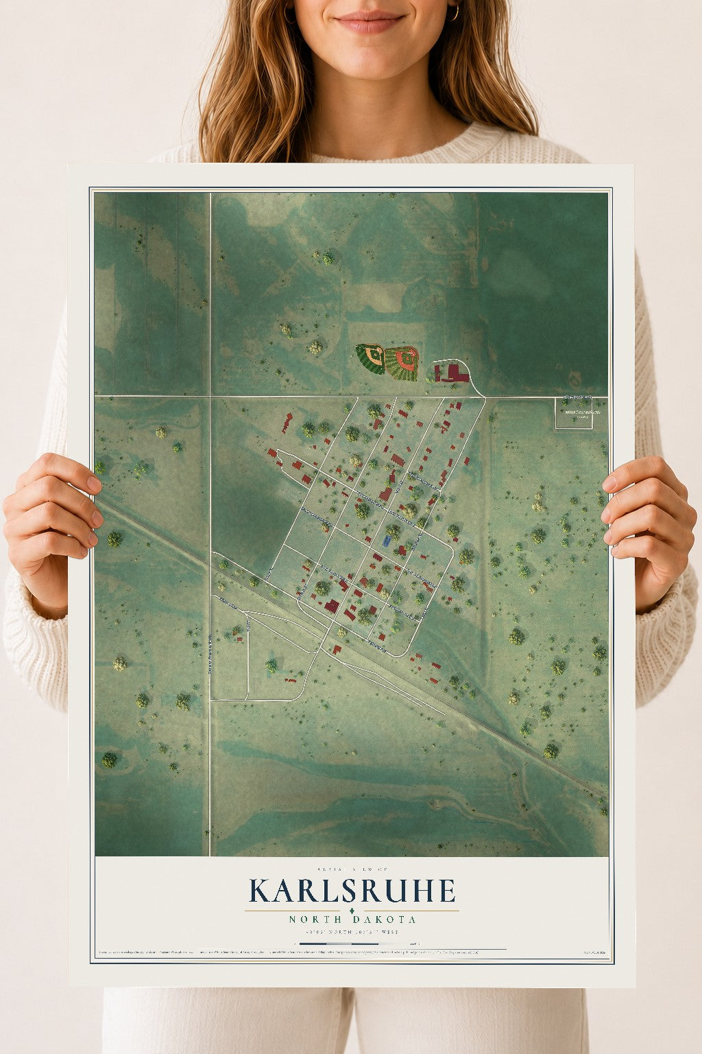 Map of Karlsruhe, North Dakota, 18 x 24 inch unframed archival matte print
