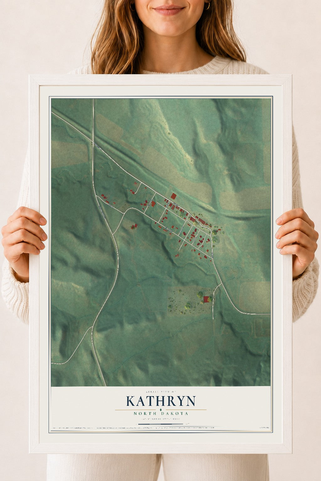 Map of Kathryn, North Dakota, 18 x 24 inch print in a white wood frame