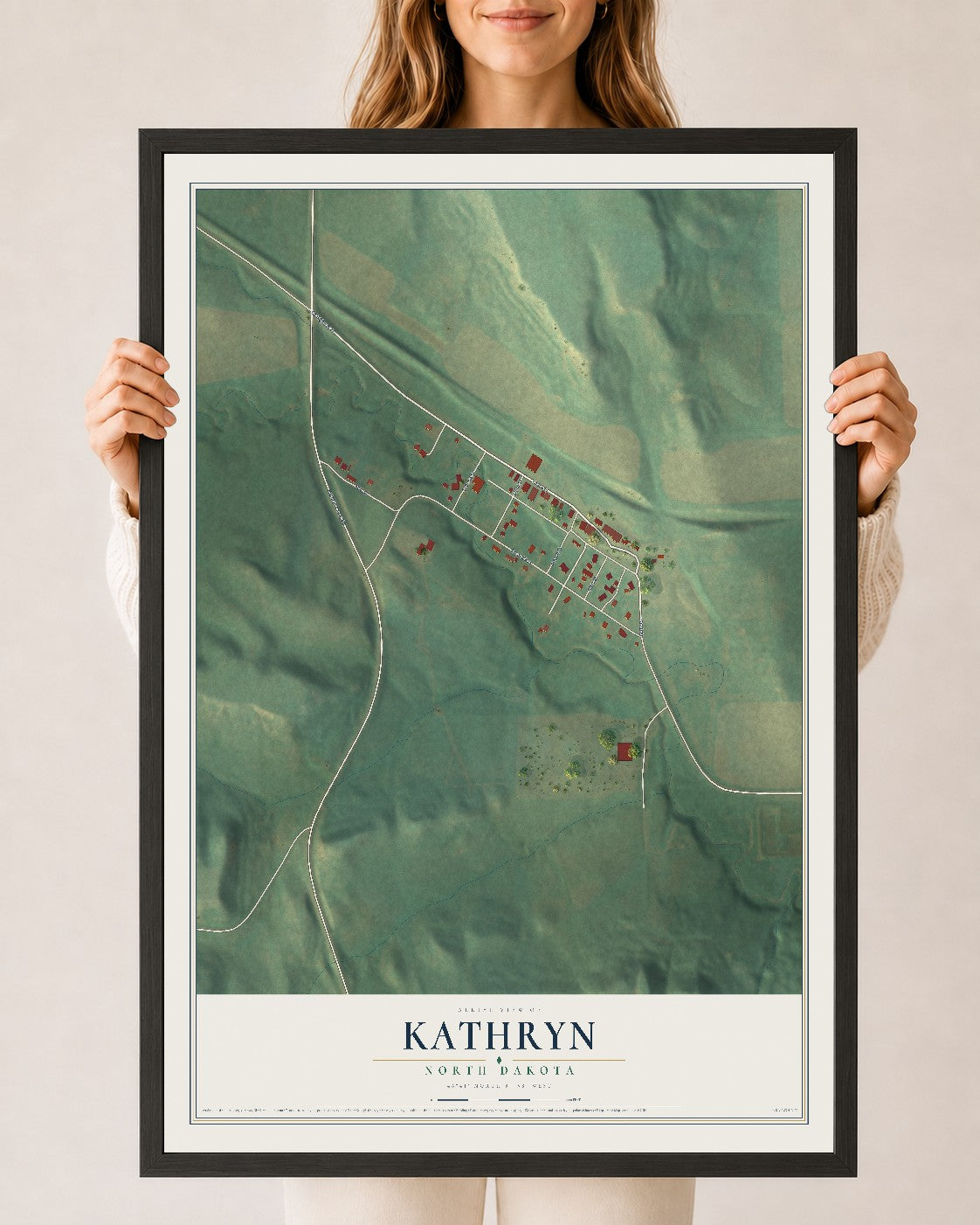 Map of Kathryn, North Dakota, 24 x 36 inch print in a black wood frame