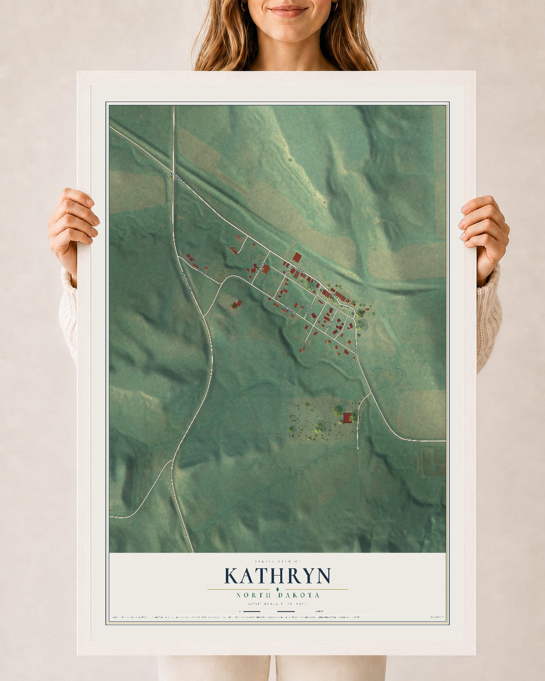Map of Kathryn, North Dakota, 24 x 36 inch print in a white wood frame