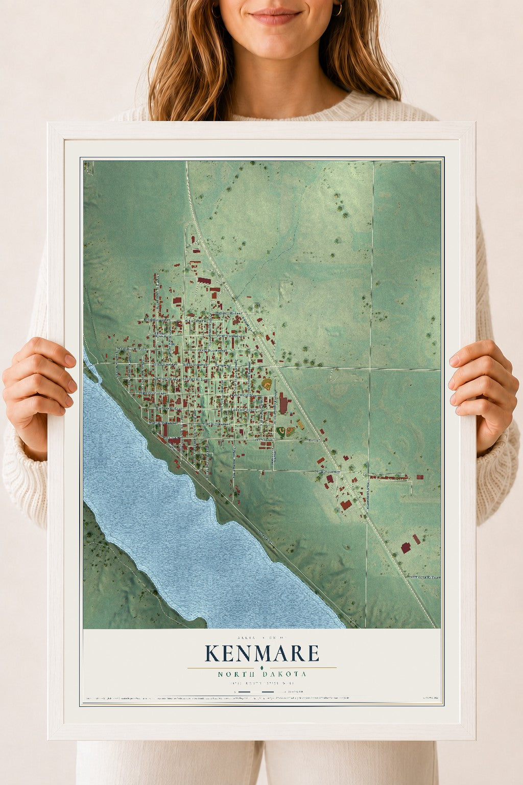 Map of Kenmare, North Dakota, 18 x 24 inch print in a white wood frame