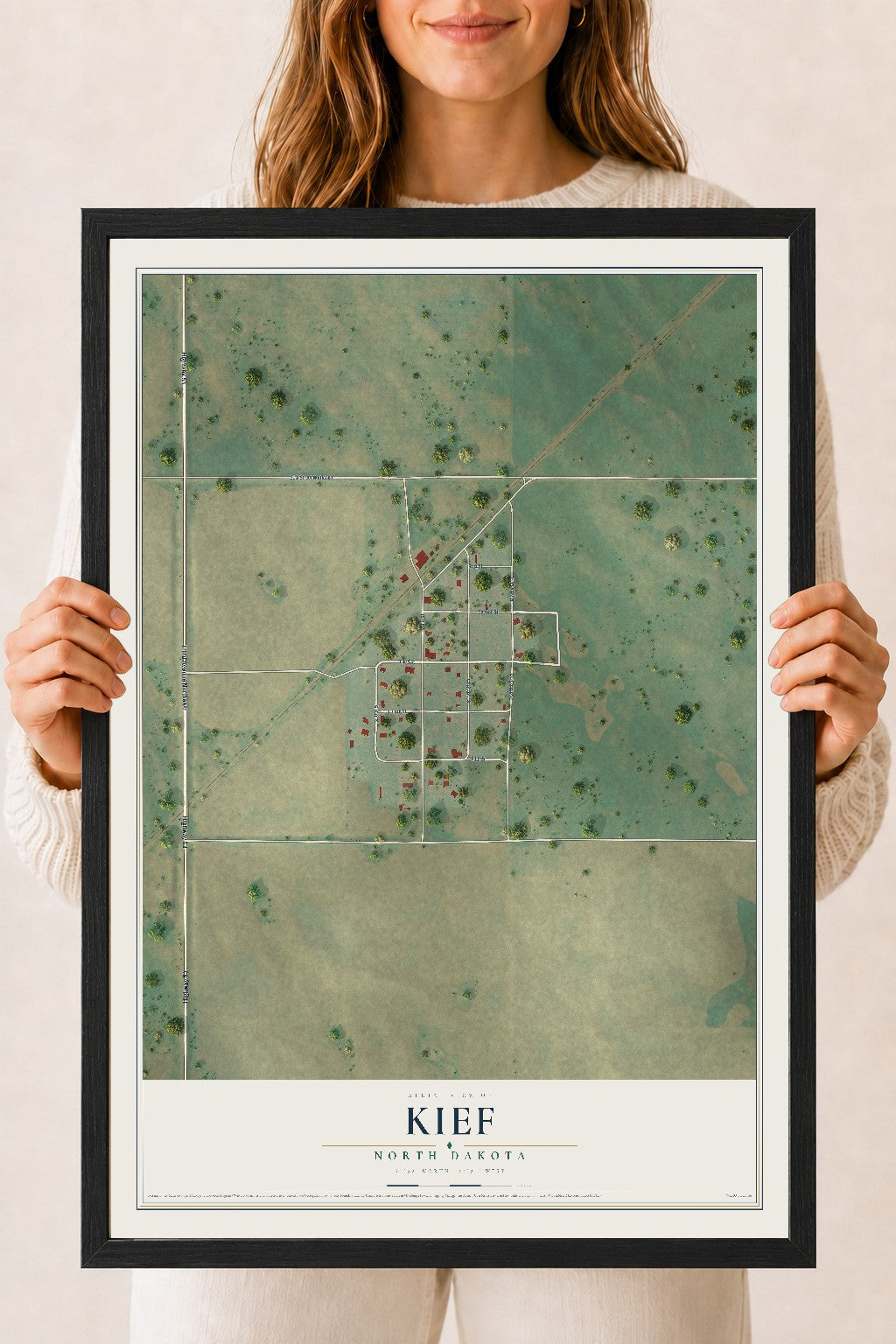 Map of Kief, North Dakota, 18 x 24 inch print in a black wood frame