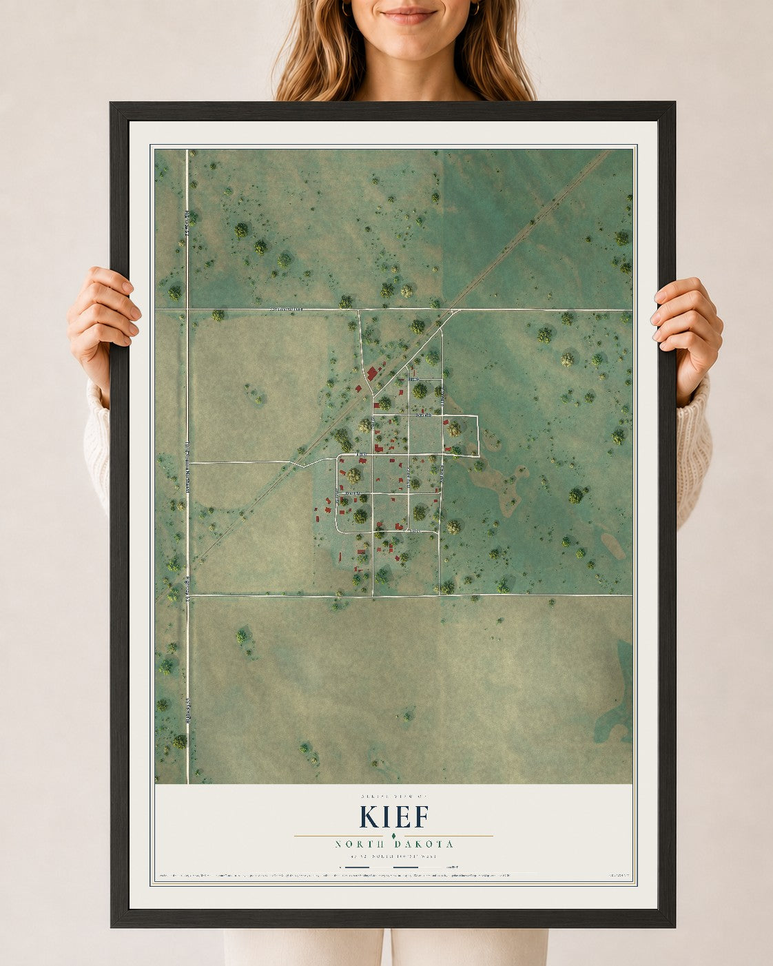 Map of Kief, North Dakota, 24 x 36 inch print in a black wood frame