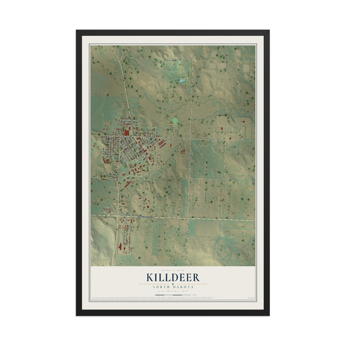 Map of Killdeer, North Dakota, 12 x 18 inch print in a black wood frame