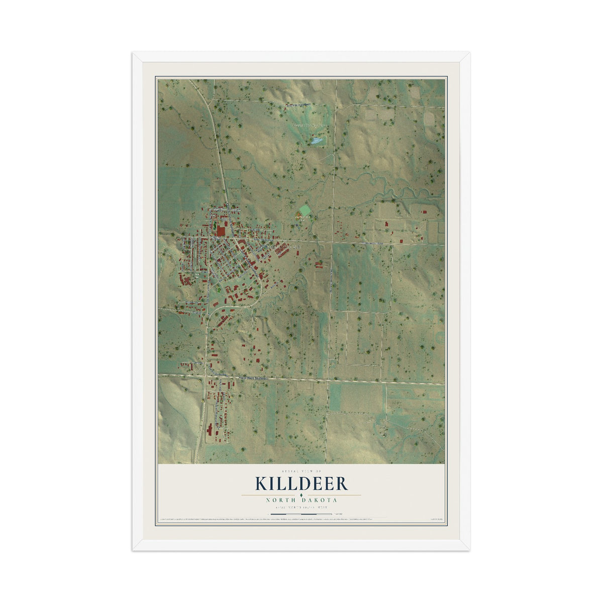 Map of Killdeer, North Dakota, 12 x 18 inch print in a white wood frame