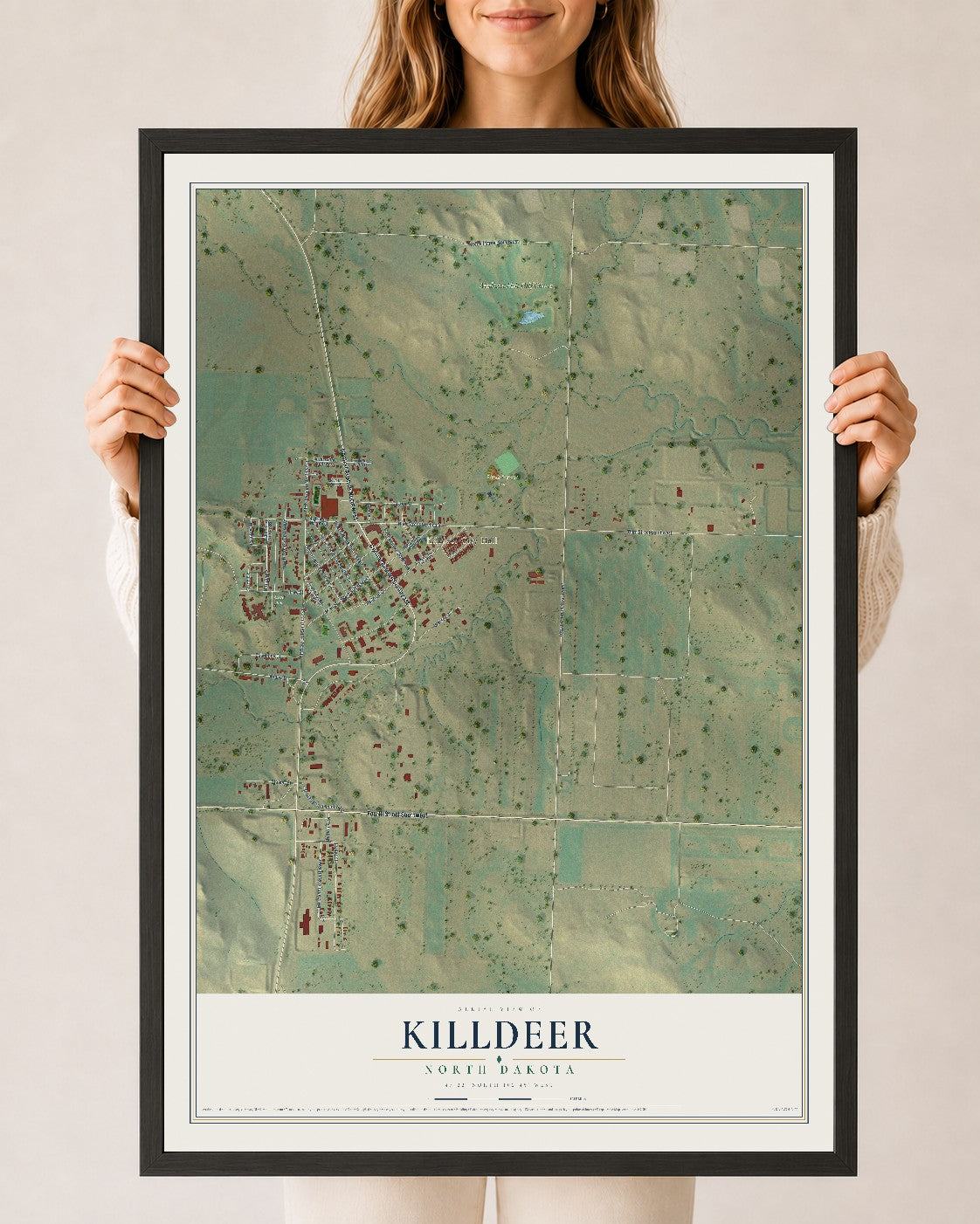 Map of Killdeer, North Dakota, 24 x 36 inch print in a black wood frame