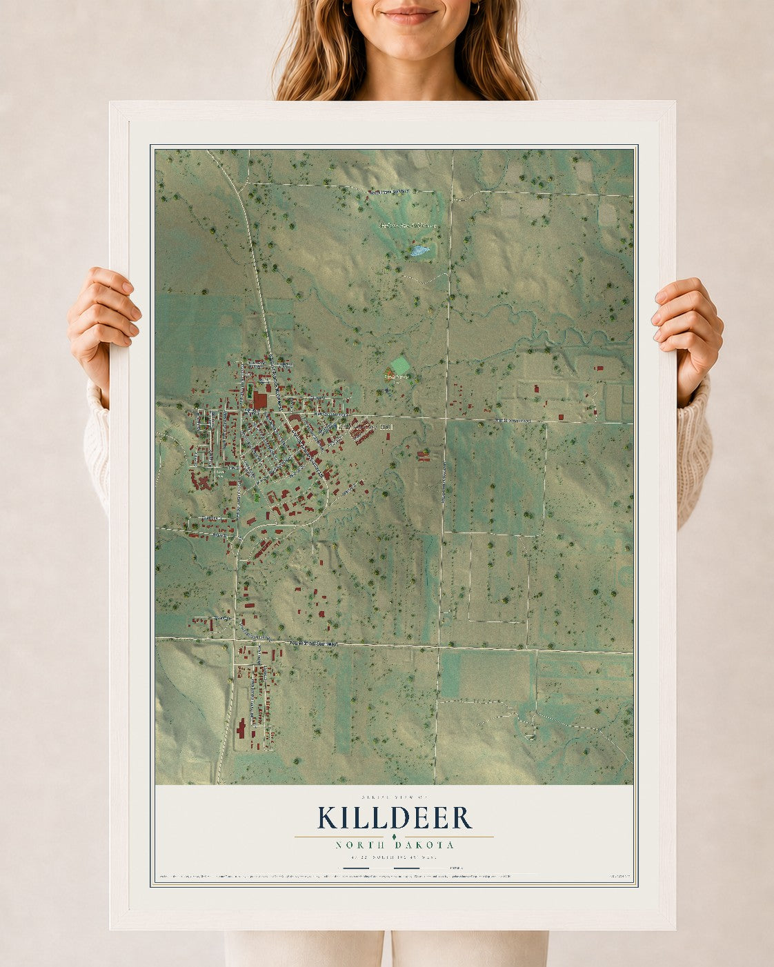 Map of Killdeer, North Dakota, 24 x 36 inch print in a white wood frame