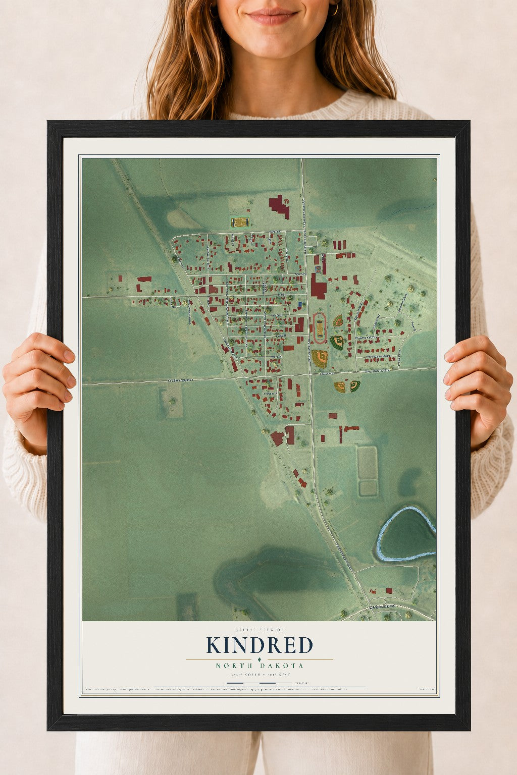 Map of Kindred, North Dakota, 18 x 24 inch print in a black wood frame