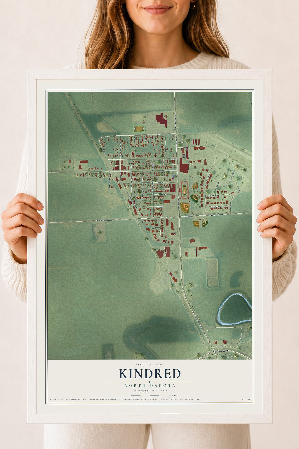 Map of Kindred, North Dakota, 18 x 24 inch print in a white wood frame